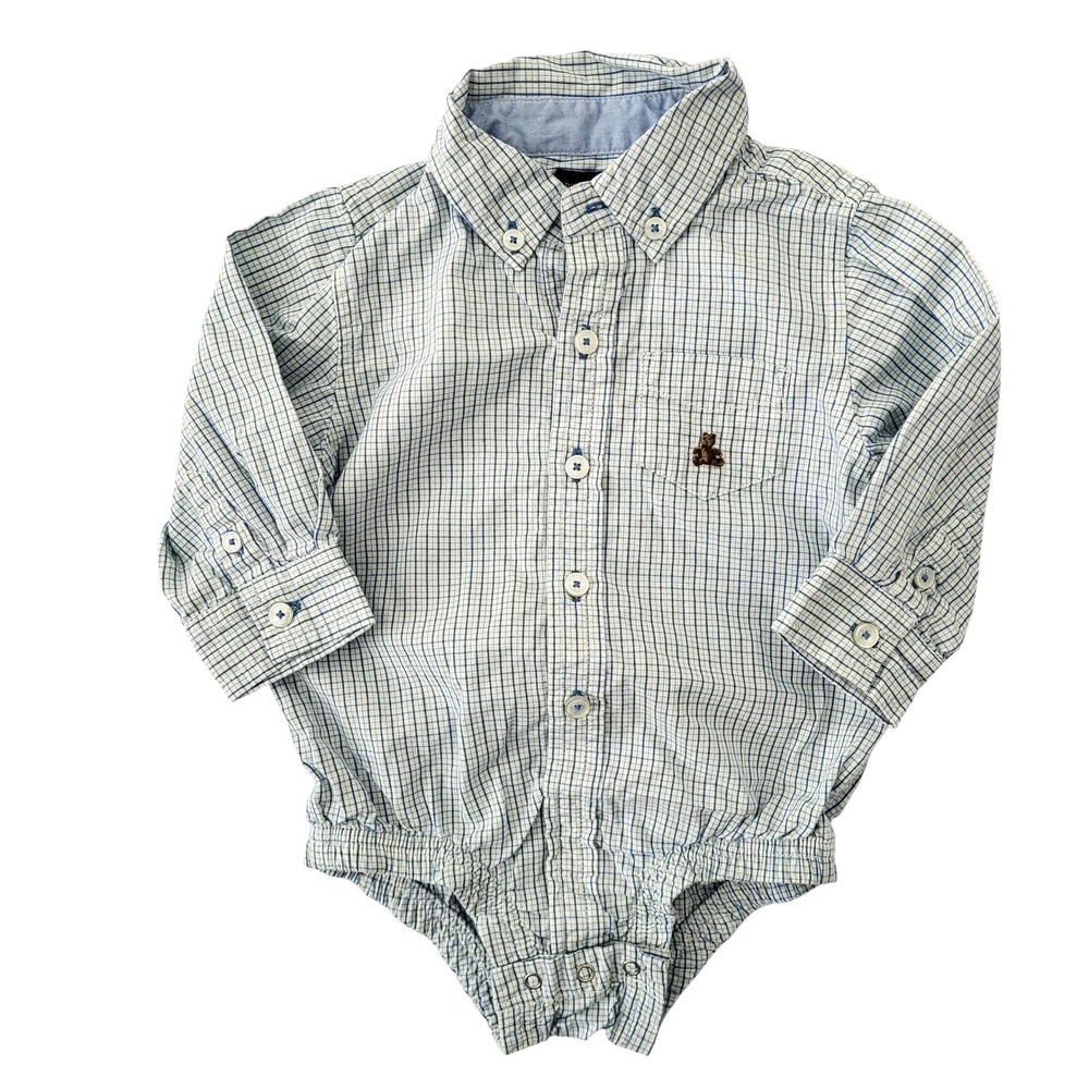 Baby Gap One Piece Plaid Bear Shirt‎ 6-12 M Boy Blue Long Sleeve Button Down